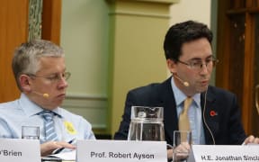 Robert Ayson (left) and Jonathan Sinclair during a panel discussion at parliament. Wellington 25 February 2015