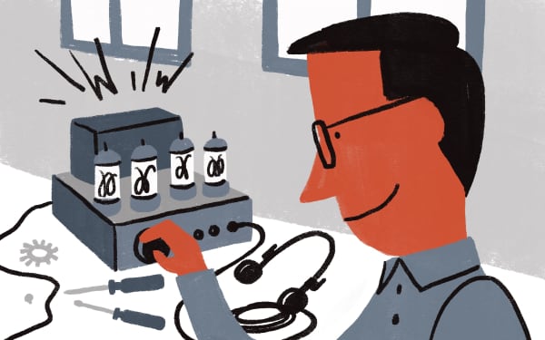 Stylised illustration of person fixing old radio