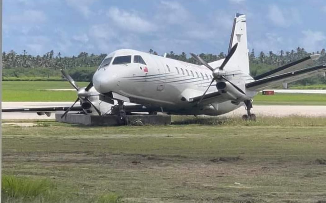 Lulutai Airline Saab 340 aircraft that slid off the runway at Tonga's Fua'amotu airport on Friday. 8 December 2023