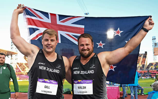 Silver medalist Jacko Gill of New Zealand and Gold medalist Tom Walsh of New Zealand celebrate after the Men’s Shot Put Final at Alexander Stadium, Birmingham, England on Friday 5 August 2022. Birmingham 2022 Commonwealth Games. © Photo: Andrew Cornaga / www.photosport.nz