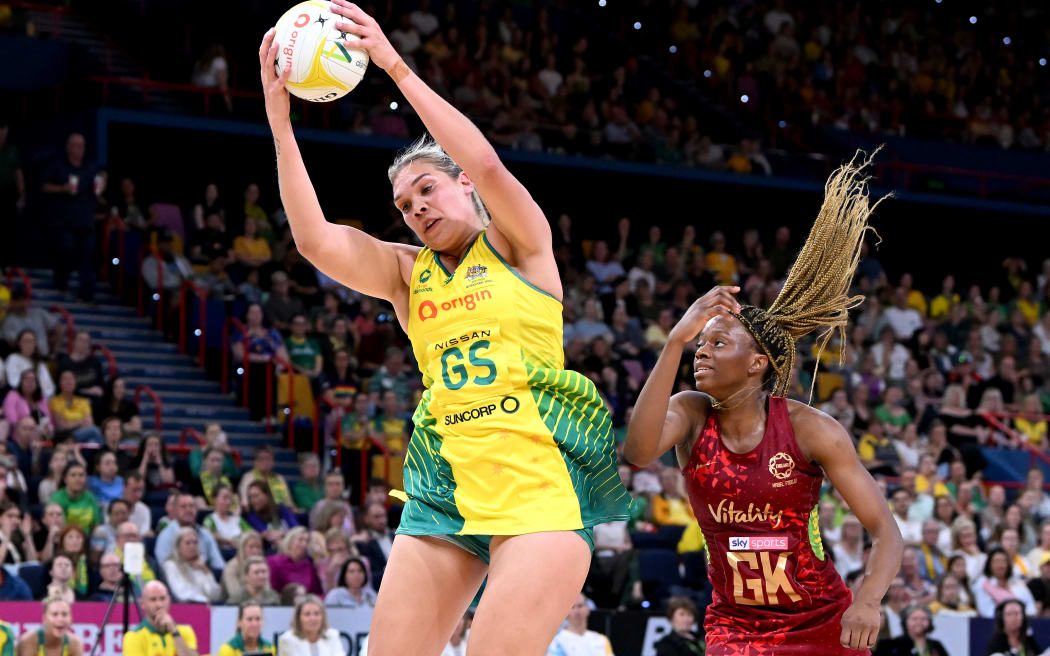 BRISBANE, AUSTRALIA - NOVEMBER 03: Donnell Wallam of Australia catches the ball during game three of the International Test Match series between the Australia Diamonds and England Roses at Brisbane Entertainment Centre on November 03, 2022 in Brisbane, Australia. (Photo by Bradley Kanaris/Getty Images)
