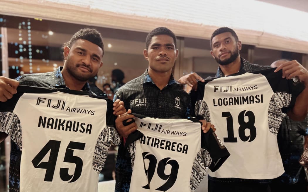 Fiji men's team after their jersey presentations in Hong Kong on Thursday night.