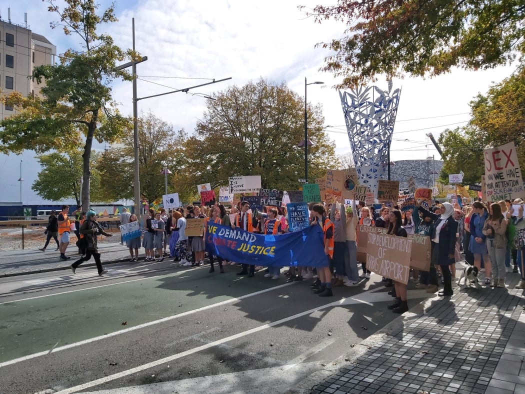 The climate strike advances from Cathedral Square towards Colombo Street in Christchurch.