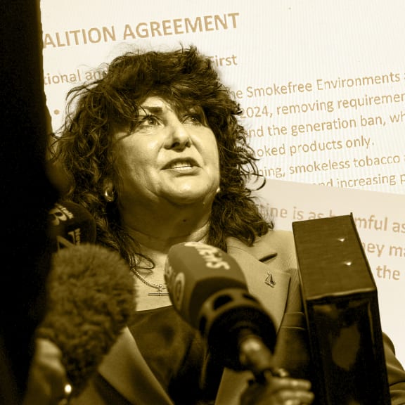 Associate Health Minister and NZ First MP Casey Costello in front of screenshots of notes sent from her office.