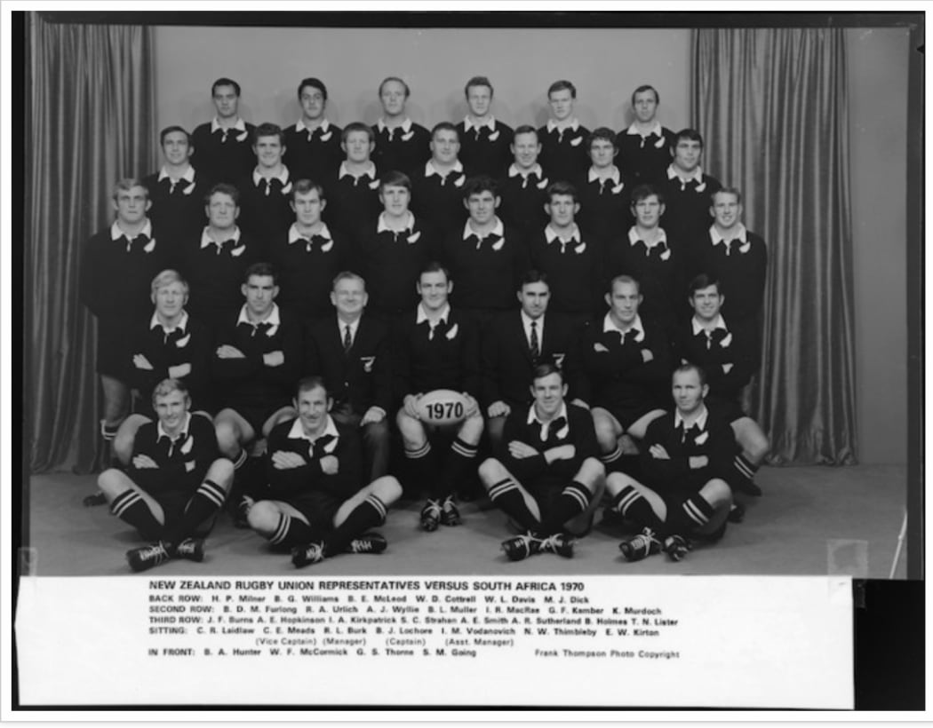 All Blacks, New Zealand representative rugby union team, vs South Africa, 1970. Bryan Williams top row, second from the left.