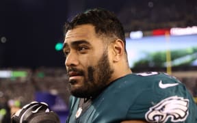 Jordan Mailata reacts after defeating the San Francisco 49ers 31-7 in the NFC Championship Game at Lincoln Financial Field on 29 January 2023.