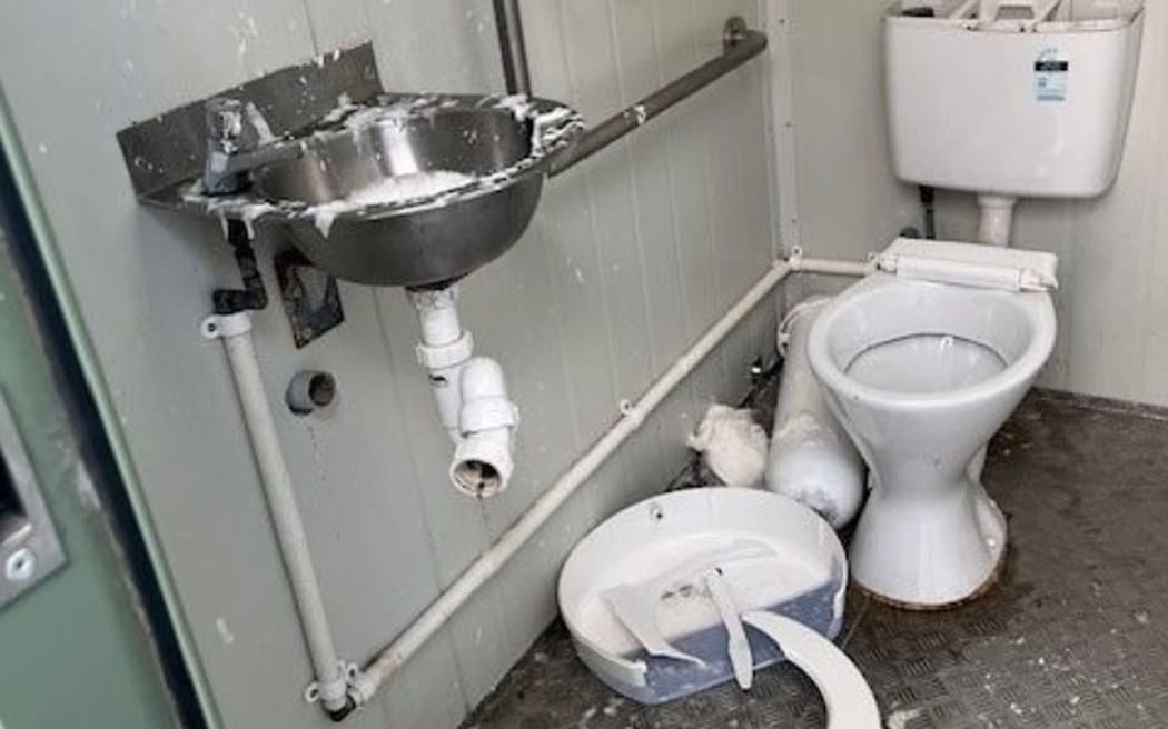 One of the vandalised toilets in Kāpiti. A spate of vandalism, including broken glass being tipped in toilets and smashed basins, could cost Kāpiti ratepayers thousands.