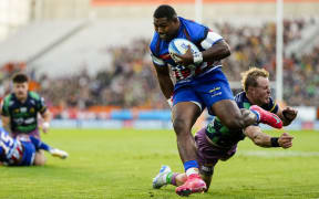 Kini Naholo during the Highlanders v Hurricanes, Super Rugby Pacific match, Forsyth Barr Stadium, Dunedin.