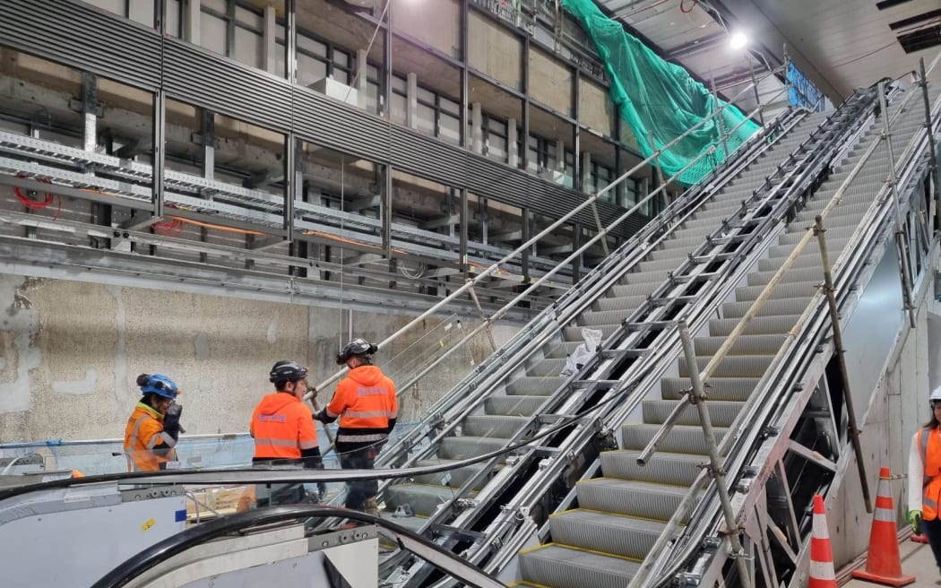 The escalators at Te Waihorotiu train station.