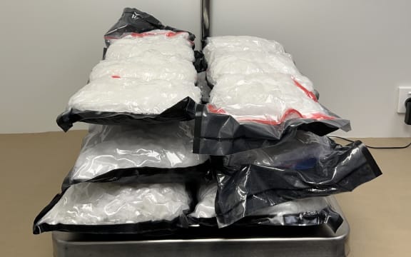 A Customs NZ photo showing 37.15kg of methamphetamine seized at Auckland International Airport on 13 March 2024.