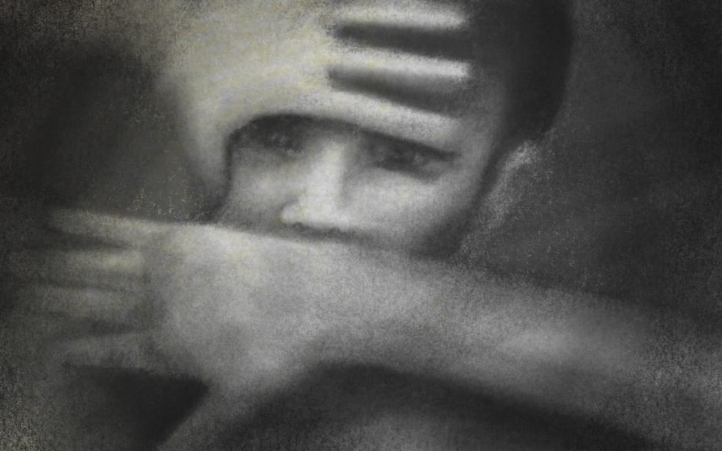 Charcoal sketch of young person shielding face with arms