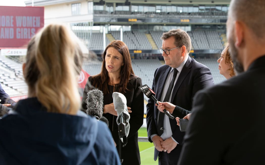 Prime Minister Jacinda Ardern and Sport and Recreation Minister Grant Robertson at the launch of a new strategy that champions equaility for NZ women and girls in sport and active recreation.