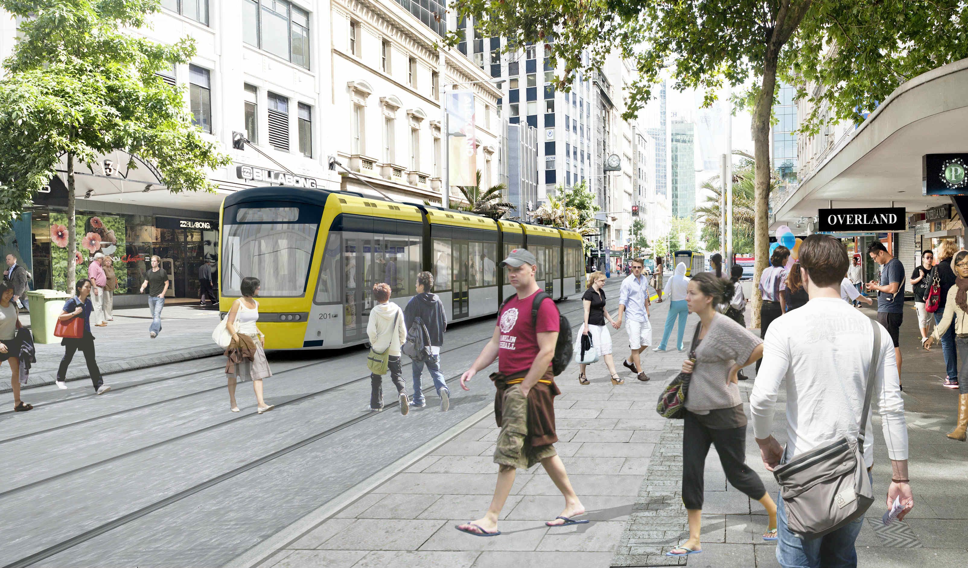 An artists' visualisation for Auckland Transport of light rail in the city.