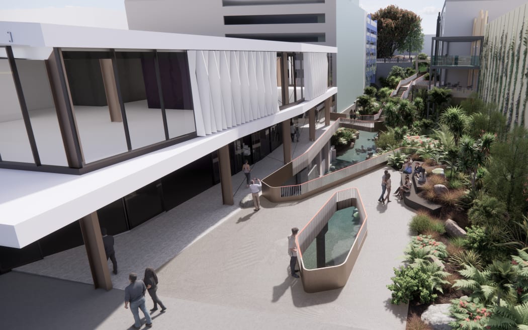 An artist's impression of a public walkway and footbridge across the Huatoki.