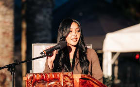 Aaria Rolleston delivers a kōrero at Ako Ararau ki Koroneihana 2025.