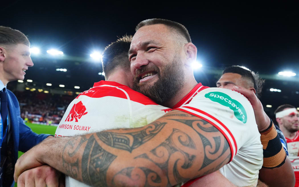 Jared Waerea-Hargreaves celebrates Hull Kingston Rovers' win over Wigan Warriors in the British Super League grand final at Old Trafford in Manchester, 12 October, 2025
Picture by Olly Hassell/SWpix.com / Photosport