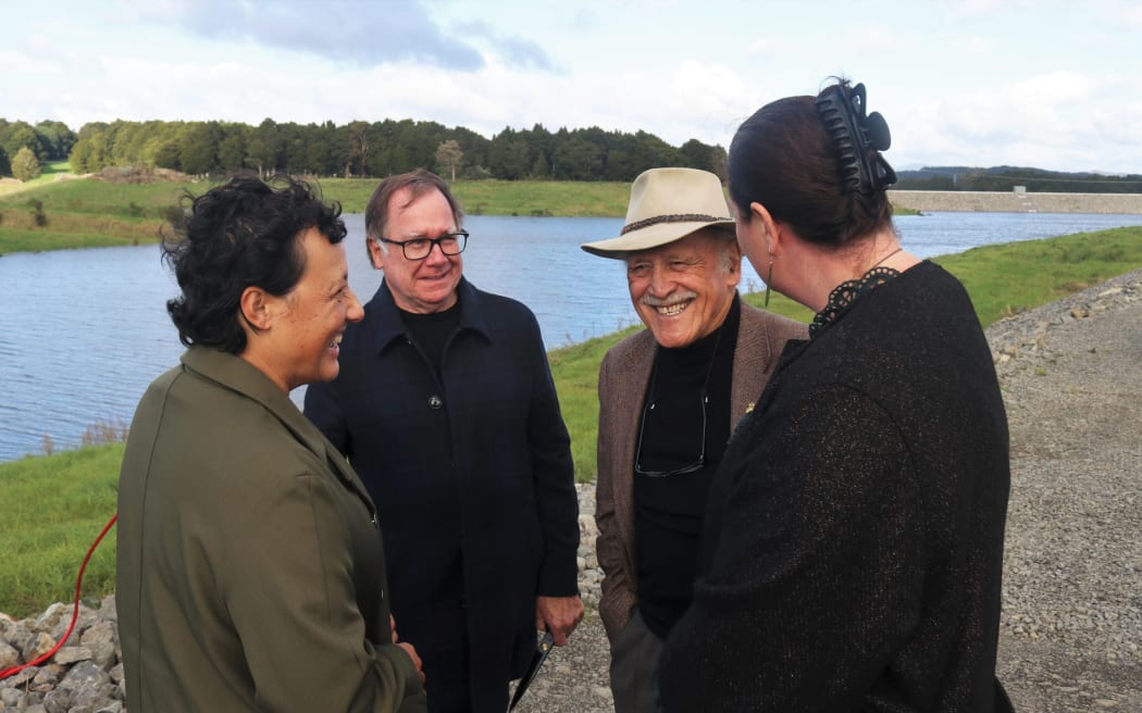 Dignitaries at the May 2023 official opening of the Matawii dam near Kaikohe, New Zealand's first project built under then Covid-19 fast-tracked legislation.