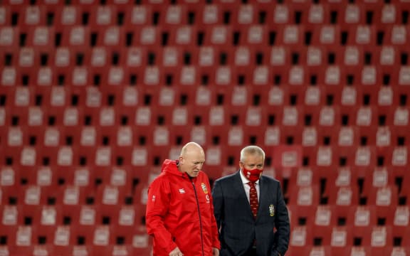 British & Irish Lions kicking coach Neil Jenkins with head coach Warren Gatland ahead of their second tour match against the Sharks in Johannesburg on July 7, 2021.