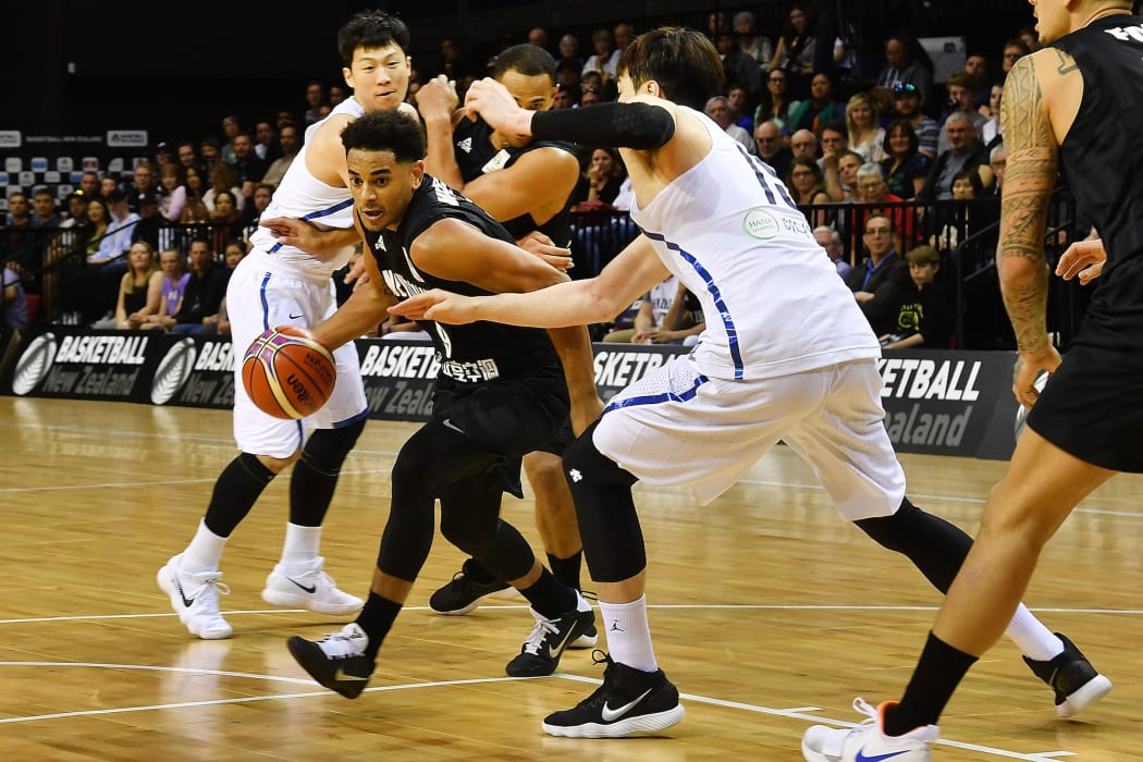 Tall Blacks player Corey Webster dribbles the ball during the Basketball World Cup qualifier match between the Tall Blacks and Korea at TSB Arena in Wellington.