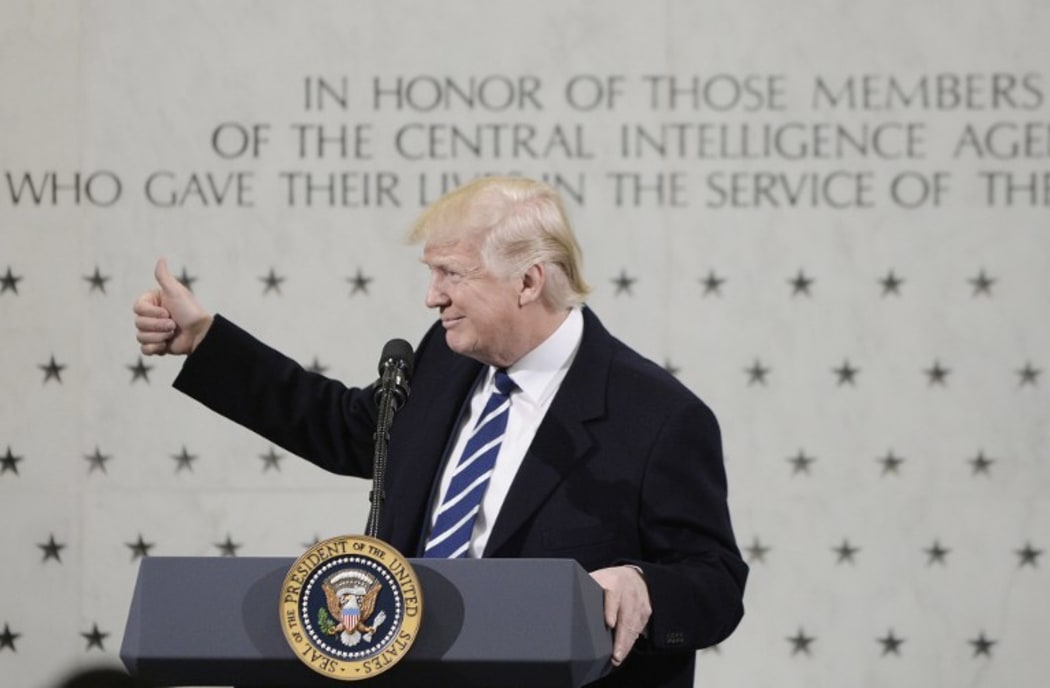 President Donald Trump addresses staff at the CIA headquarters.