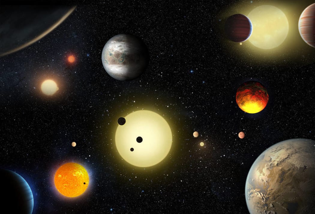 An artist's concept depiction of select planetary discoveries made to date by NASA's Kepler space telescope.