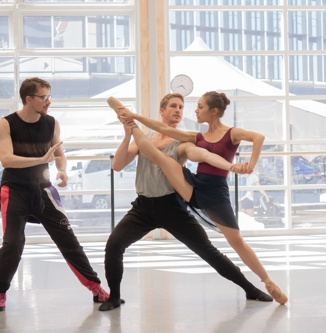 RNZB Choreographer in Residence Loughlan Prior with soloists Joseph Skelton and Katherine Minor
