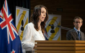 Prime Minister Jacinda Ardern and Director General of Health Ashley Bloomfield announcing alert level change on 20 April