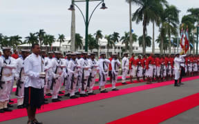 Fiji's military band and navy welcome in the new parliament. 2016