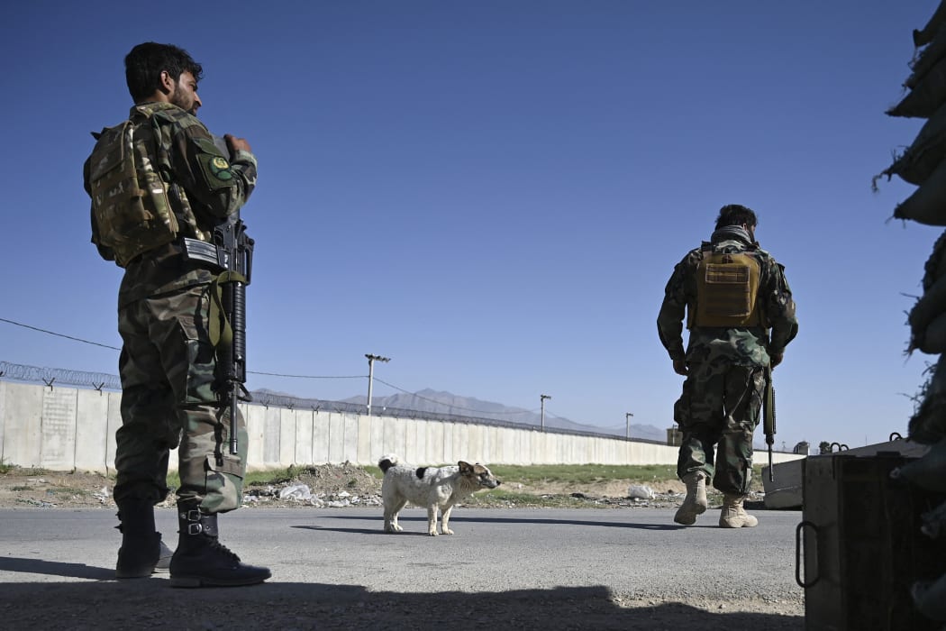 An Afghan National Army soldier stands guard at a road checkpoint near a US military base in Bagram on 1 July, 2021.