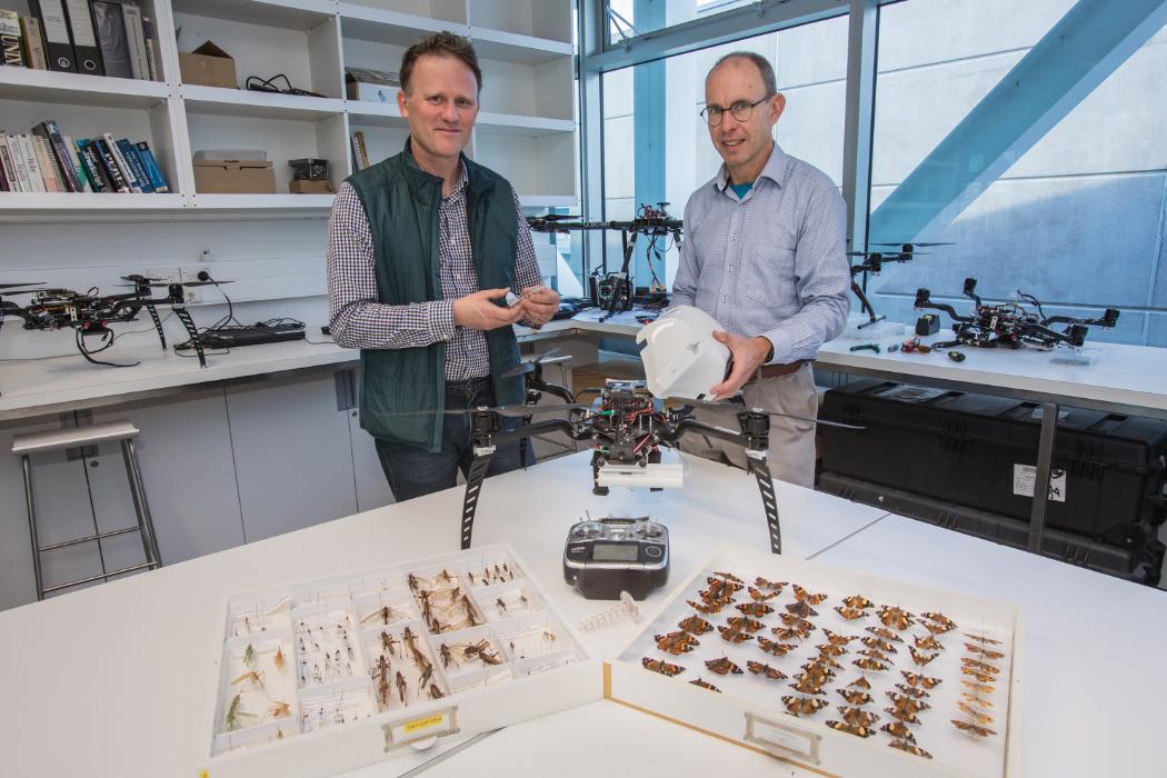 Dr Stephen Pawson, left, and Dr Graeme Woodward are using tech to track insects using drone mounted radar.
