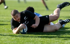 Dane Coles of New Zealand scores a try against Argentina in the Rugby Championship Test at Mendoza.