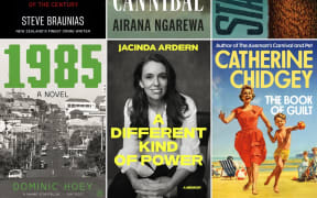 A composite image of various book covers: Polkinghorne: Inside the Trial of the Century by Steve Braunias, The Last Living Cannibal by Airana Ngarewa, Star Gazers by Duncan Sarkies, 1985 by Dominic Hoey, A Different Kind of Power by Jacinda Ardern and The Book of Guilt by Catherine Chidgey.
