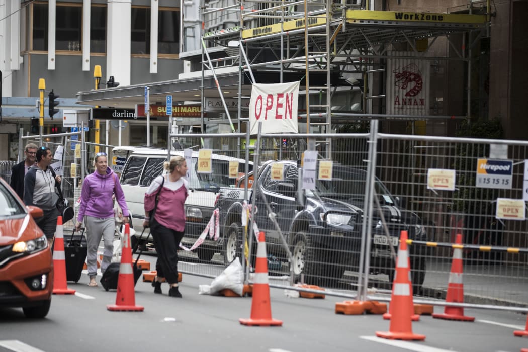 The cordon around quake-damaged buildings on Featherston Street in central Wellington.
