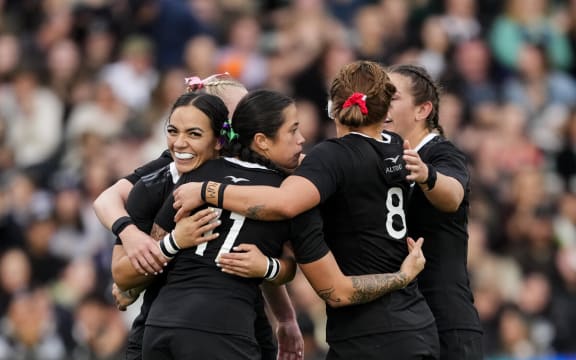 Players celebrate during Black Ferns v USA Women PAC4 match, North Harbour Stadium, Auckland.
