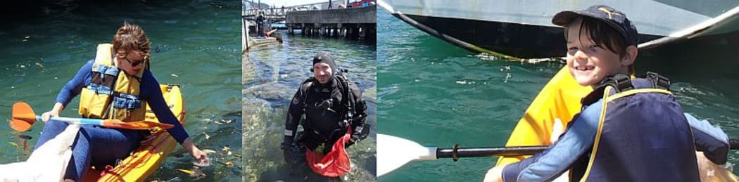 Volunteers at the 5th underwater clean up in Wellington included mayor Celia Wade-Brown, divers from various dive clubs and 8-year old Felix Farrant.
