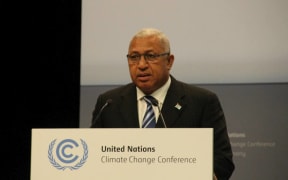 Fiji Prime Minister Frank Bainimarama addressing climate change talks consultations in Bonn, May 2017