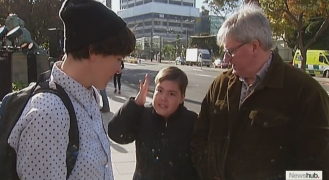 Newshub's camera captured a 12 year-old confronting peaceful protesters on ANZAC Day in Wellington.