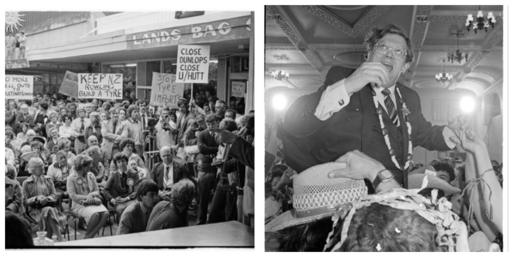 LEFT: Robert Muldoon speaking to an election campaign meeting in Upper Hutt, 1981; RIGHT: David Lange on election night 1984