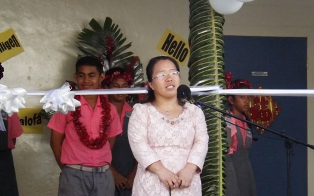 A Chinese language teacher speaks at the opening of the Samoa School of Language
