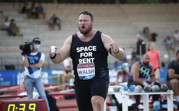 Tom Walsh reacts after winning the shot put men final of the Diamond League track and field meeting in Florence on June 10, 2021.