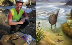 Kane Fleury with an artist's impression of the ancient moa.