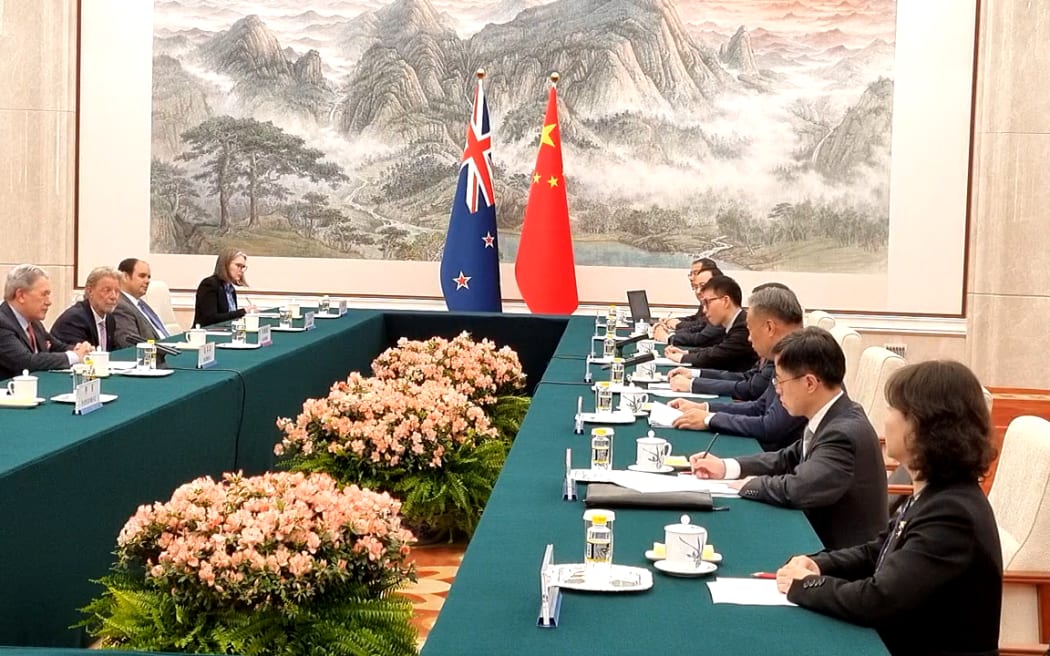 Winston Peters makes opening remarks at a meeting with Chinese Vice President Han Zheng
