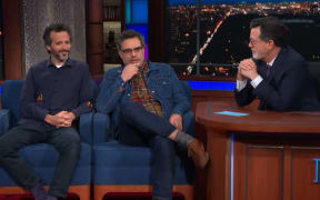 Bret McKenzie and Jemaine Clement  on The Late Show with Stephen Colbert to promote the Flight of the Conchords HBO special.