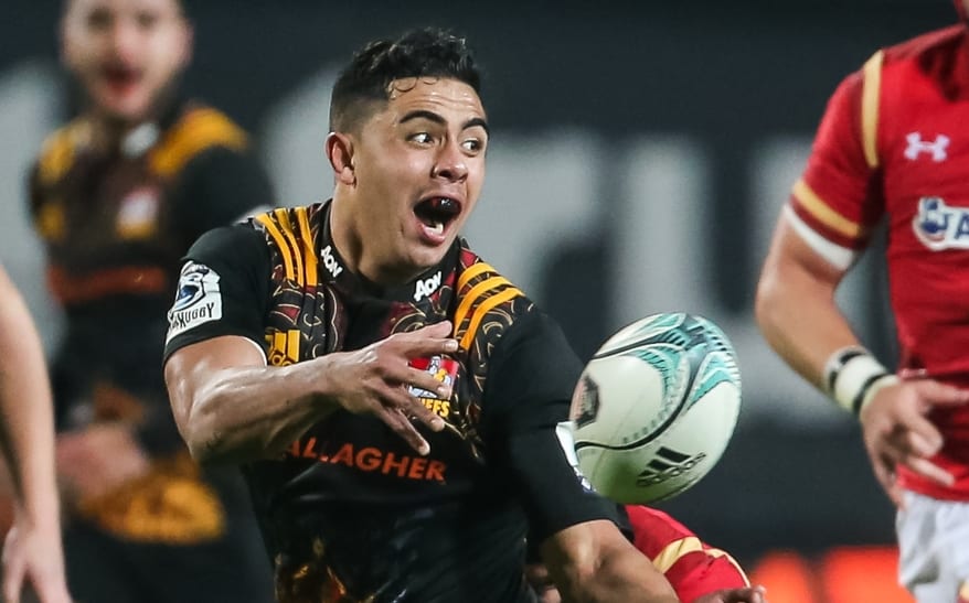 Chiefs centre Anton Lienert-Brown gets a pass away during the match against Wales in, Hamilton on 14 June.