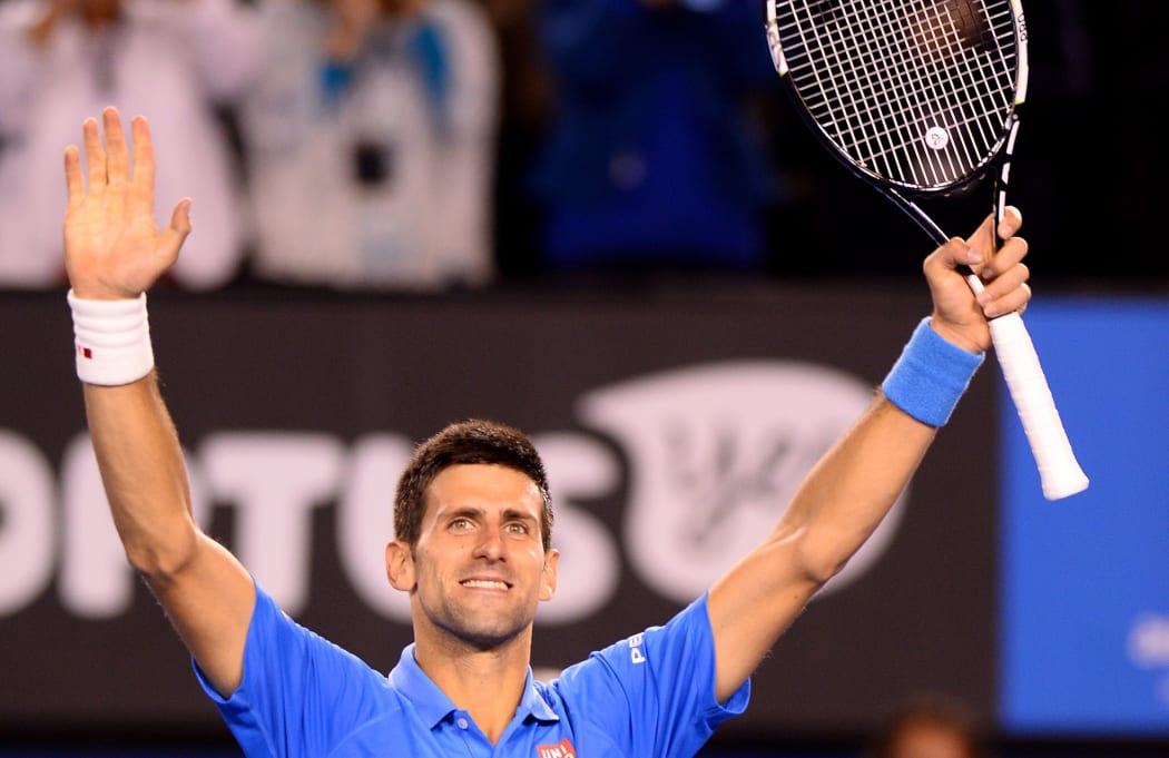 Serbian tennis player Novak Djokovic celebrates his win at the 2015 Australian Open.
