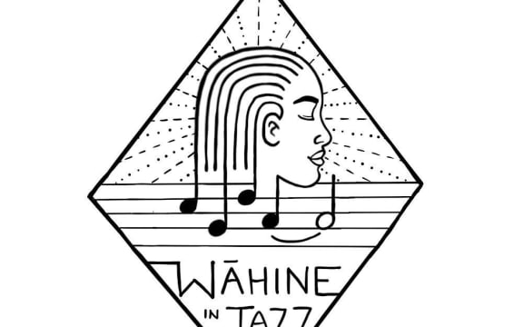 The logo of Wāhine in Jazz, a sketch of a woman looking to the right with musical notes underneath her