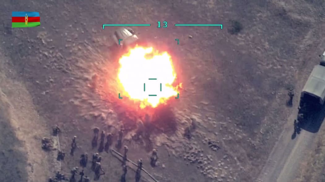An image grab from a video on the official website of the Azerbaijani Defence Ministry on September 30, 2020, allegedly shows Azeri units destroying Armenian forces during fighting over the breakaway Nagorny Karabakh region.