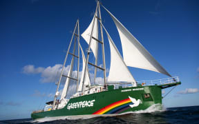 Rainbow Warrior sailing at full sail in UK waters in October 2021.