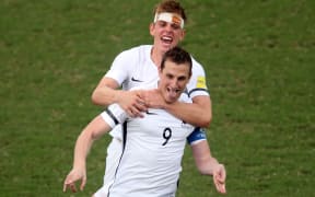 All Whites captain Chris Wood celebrates his goal against New Caledonia.