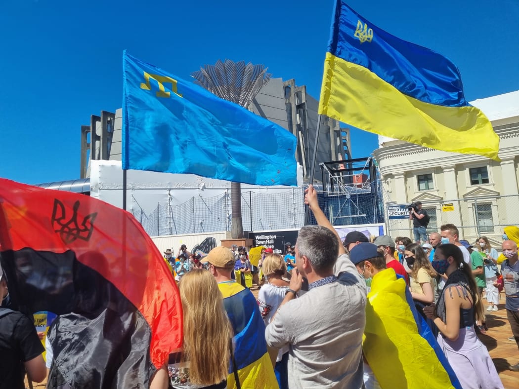 People in Wellington's Civic Square to protest against Russia's offensive in Ukraine.